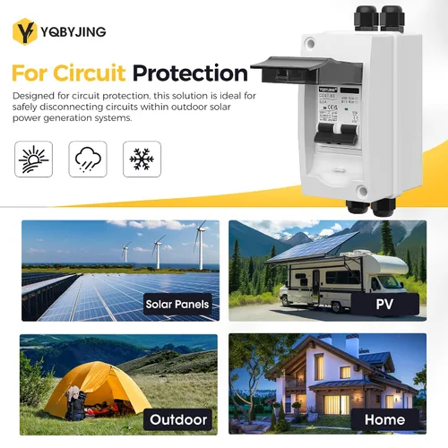 Vista 32 de Interruptor de desconexión de panel solar CC 20 Amp AC Caja de interruptor de circuito en miniatura 500V 2 polos con caja IP65 impermeable a prueba