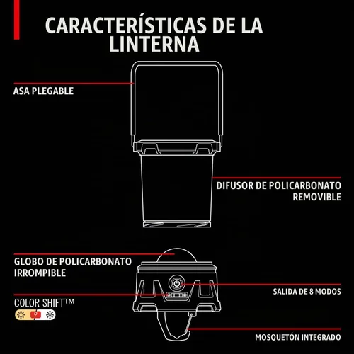 Vista 6 de Coast EAL40R Linterna de camping de emergencia recargable de 2500 lúmenes con modo intermitente rojo, mosquetón, difusor, mango plegable, modo bajo