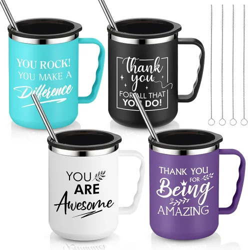 Vista 7 de Sumind Regalo de agradecimiento a los empleados, tazas de café de acero inoxidable de 17 onzas con asa, tapa y popote para Slp, graduación, Negro