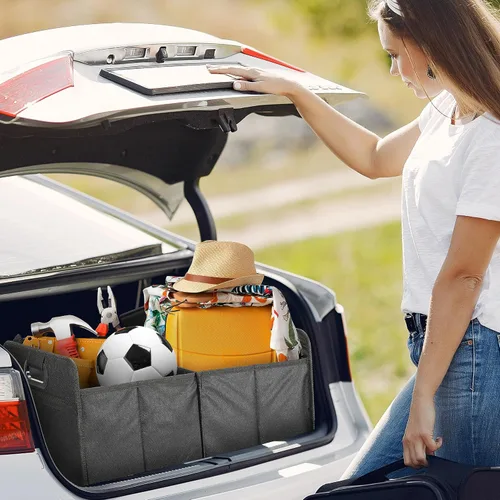 Vista 4 de YSSOA Organizador de maletero para coche/SUV/camión, caja de almacenamiento automotriz plegable de 2 compartimentos, poliéster Oxford 600D Negro