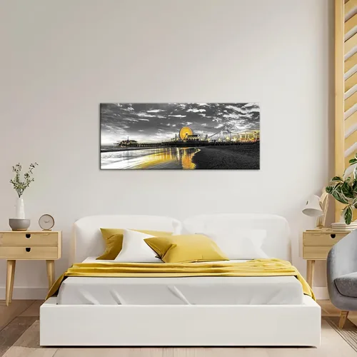 Vista 4 de Conipit Lienzo decorativo gris y amarillo para pared, diseño de muelle de Santa Mónica, imágenes de Los Ángeles, California, rueda de la fortuna