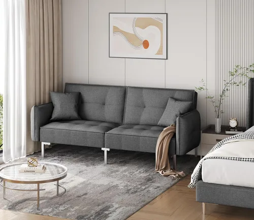 Vista 8 de Yaheetech Sofá cama, sofá cama, sofá convertible moderno, futón, sofás, cama, plegable, de tela de lino, sillón reclinable para sala de estar, gris
