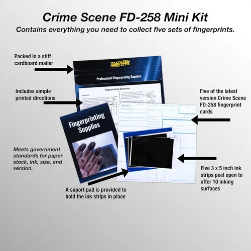Vista 2 de Crime Scene Kit de huellas dactilares FD-258: cinco tarjetas, tinta e instrucciones de uso