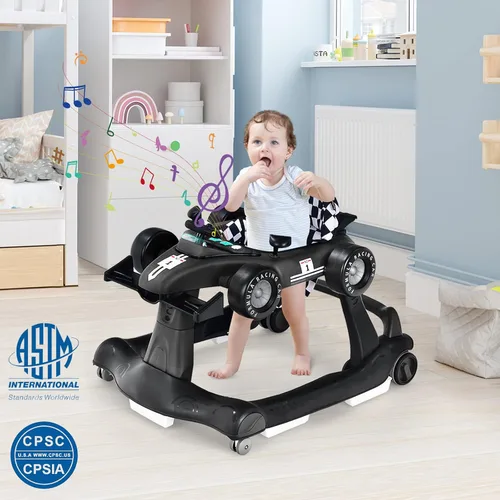 Vista 2 de HONEY JOY Andador de bebé 4 en 1, caminador de actividad con 3 alturas ajustables, ruedas suaves con velocidad ajustable, asiento acolchado, música