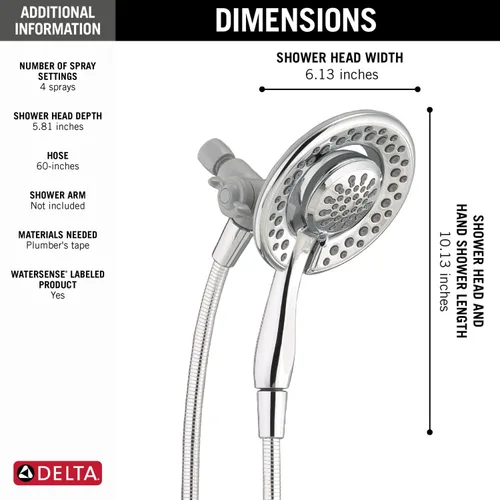 Vista 4 de Delta 4-Setting In2ition 2-in-1 Dual Shower Head with HandHeld Spray, Chrome Detachable Shower Head with Hose, Showerhead, 1.75 GPM Flow Rate