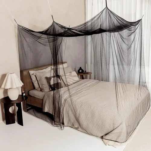 Vista 2 de Mosquitera negra para camas individuales a king size – 2 aberturas laterales y 6 bucles para colgar – Forma rectangular decorativa para el hogar