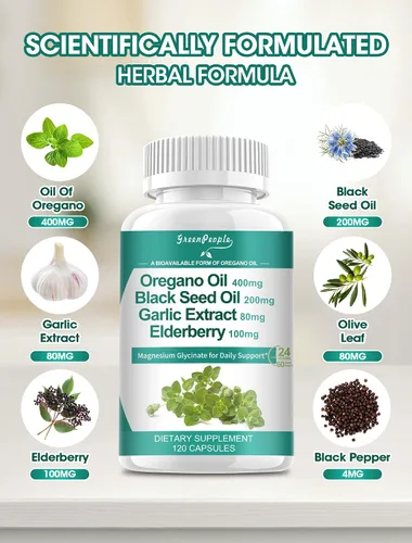 Vista 2 de Cápsulas de aceite de orégano orgánico, mezcla 11 en 1 con aceite de semilla negra, saúco, ajo, hoja de olivo, magnesio y pimienta negra