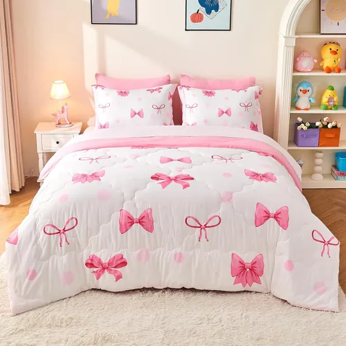Vista 17 de Wajade Juego de edredón de 7 piezas con lazo azul para niñas, juego de ropa de cama tamaño individual con sábana y 2 fundas de almohada, 2 fundas