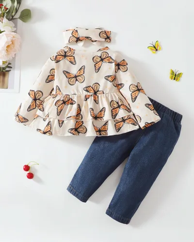 Vista 3 de XUANHAO Ropa de bebé niña de 12, 18 y 24 meses, trajes para niñas pequeñas, ropa de mezclilla con volantes, pantalones de mezclilla rasgados