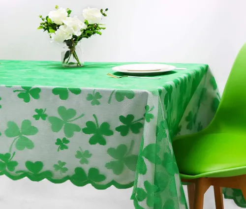 Vista 8 de asunflower Mantel rectangular de encaje con trébol verde, 60 x 84 pulgadas, para decoración de mesa del día de San Patricio con mantel bordado
