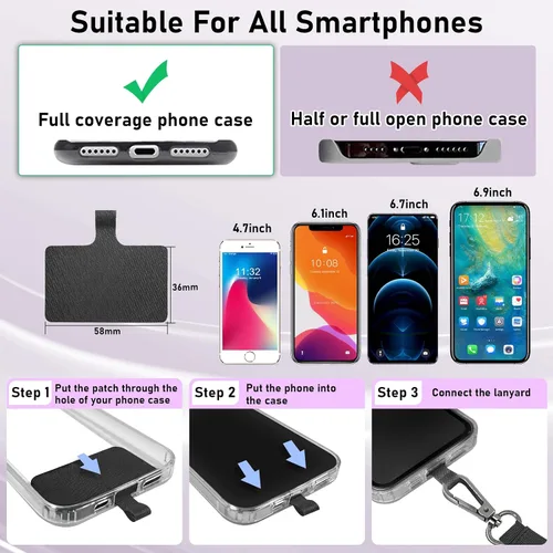 Vista 5 de ROCONTRIP Cordón para teléfono, 2 correas cruzadas para teléfono celular con 2 parches para teléfono, cordón universal para iPhone, correa ajustable