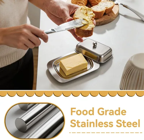 Vista 5 de Mantequillera con tapa, recipiente de mantequilla de acero inoxidable para mantequilla y queso, caja de almacenamiento de mantequilla con asa