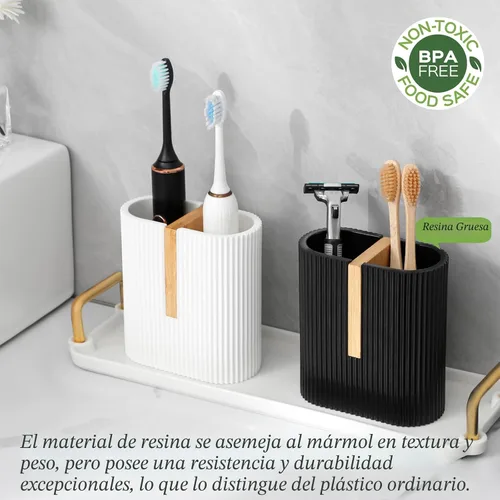 Vista 2 de Portacepillos de dientes para baño, soporte eléctrico de bambú para cepillos de dientes, color negro