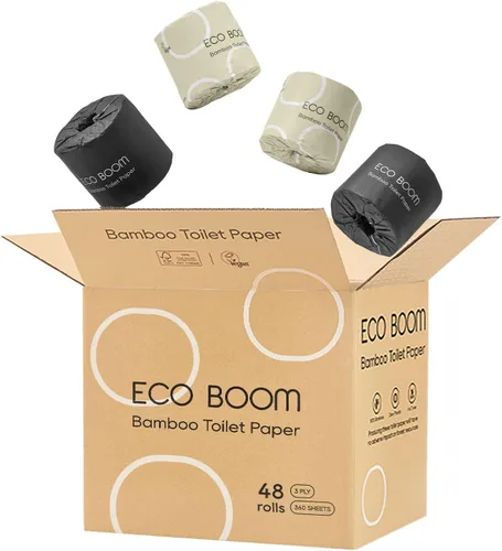 Vista 8 de ECO BOOM Papel higiénico de bambú sin blanquear, 100% libre de deforestación y sin plástico, 3 capas resistentes, certificado FSC, sin fragancia, 9