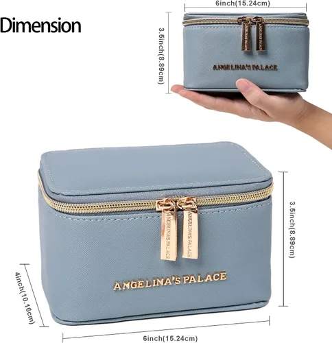 Vista 3 de Angelinas Palace Estuche organizador de joyas regalos de dama de honor bolsa de viaje caja de cuero vegano para collar aretes pulsera anillo azul