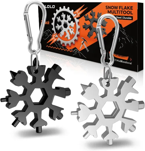 Vista 10 de Juego de Herramientas Multiusos en Forma de Copo de Nieve, 2 Pack - Multiherramienta de Acero Inoxidable 18 en 1 con Mosquetón, Abrebotellas