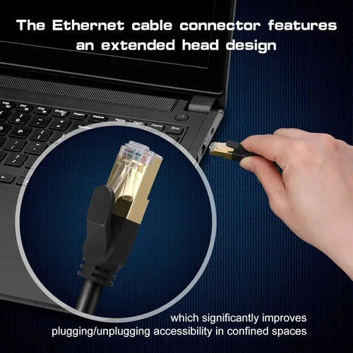 Vista 3 de Cable Ethernet Cat 8, cable de conexión LAN de alta velocidad resistente de 30 pies con conectores RJ45 chapados en oro, 26 AWG, 2000 Mhz