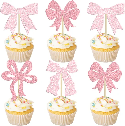 Vista 12 de Ephlyn 24 adornos para cupcakes con lazo para decoración de pastel de cumpleaños, decoración de fiesta de cumpleaños para niñas, decoración de Negro