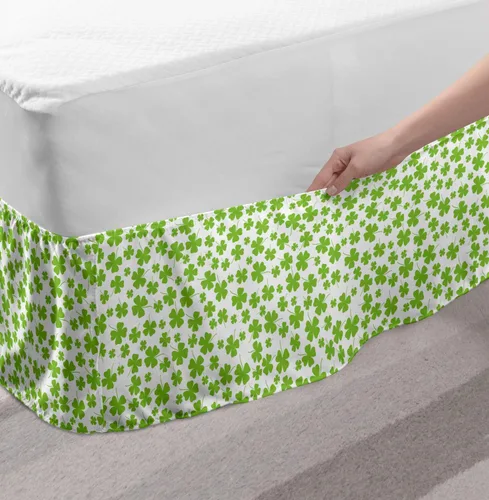 Vista 3 de Lunarable Falda de cama elástica de trébol, tréboles de cultura irlandesa con temática del día de San Patricio, 4 hojas, falda de cama de tela