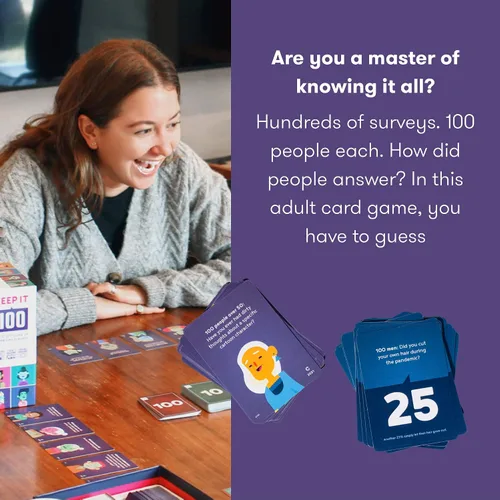 Vista 5 de Keep It 100: The Card Game by Cut Encuestas sorprendentes y adivinanzas intuitivas Juego de cartas para familiares, amigos, fiestas y noche