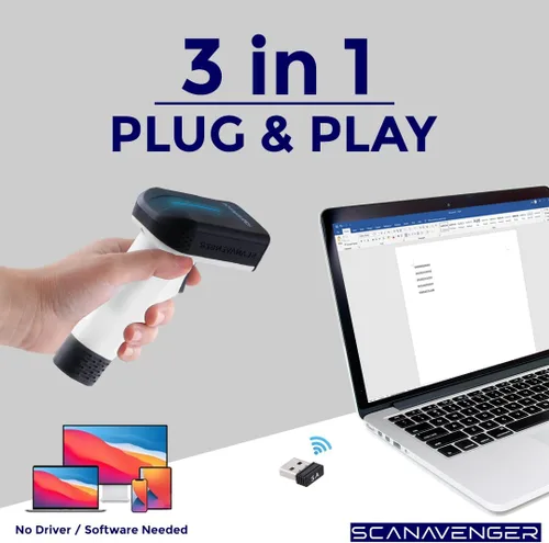 Vista 4 de ScanAvenger Escáner de Código de Barras Bluetooth Inalámbrico Portátil 1D&2D con Soporte Bluetooth: Escáner de Mano 3-en-1, Inalámbrico, Pistola