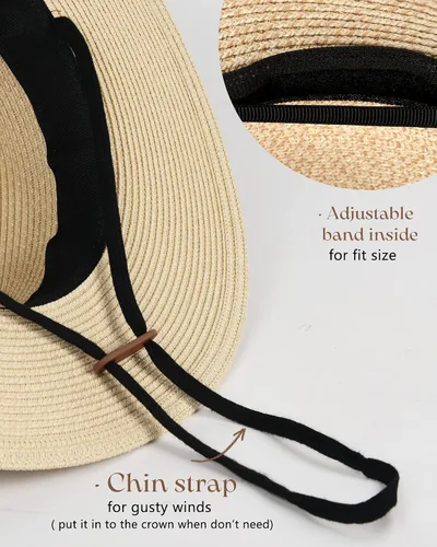 Vista 4 de FURTALK Sombrero Panamá de paja de ala ancha para mujer y hombre, sombrero de paja Fedora para verano, playa, sombrero de paja UPF para mujer