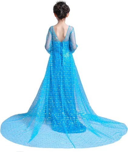Vista 3 de Dressy Daisy Disfraces de princesa de hielo para niñas, vestido de lentejuelas con manga larga de tren, azul rosa intenso, blanco