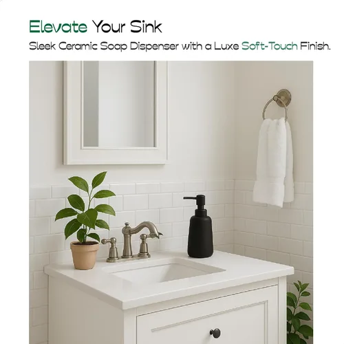 Vista 2 de Dispensador de jabón de cerámica negro mate, dispensador recargable de encimera de baño o cocina de 13 onzas con revestimiento de goma suave al tacto