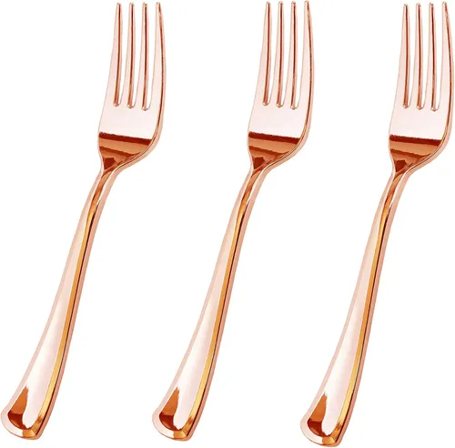 Vista 9 de Juego de cubiertos de plástico dorado de 120 piezas, reutilizables y reciclables, utensilios de plástico dorado para bodas, aniversarios, duchas