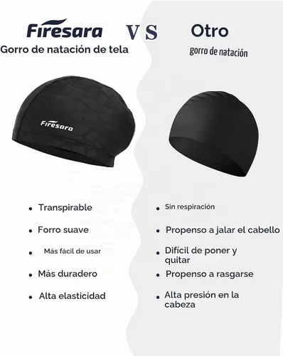 Vista 5 de Gorro de natación de tela Firesara, gorro de baño de alta elasticidad mantiene el cabello limpio y transpirable, se ajusta tanto al cabello largo