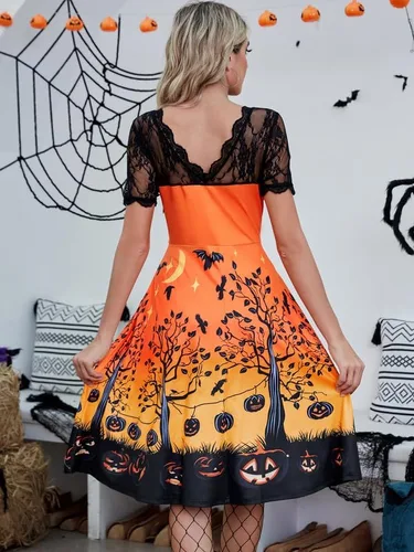 Vista 5 de Vestido de calabaza con mangas de encaje para mujer con cremallera lateral