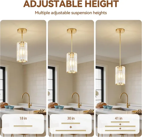 Vista 5 de 1 Pack Crystal Pendant Lights Kitchen Island,Modern Gold Pendant Light Fixtures,Adjustable Hanging Lighting for Kitchen Island Dining Room Bar Foyer