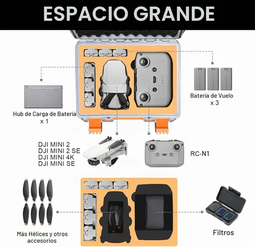 Vista 2 de Funda para dron DJI Mini 2 SE: Estuches de viaje impermeables y rígidos con espuma personalizada para DJI Mini 4k/2 Fly Combo, caja grande de Gris