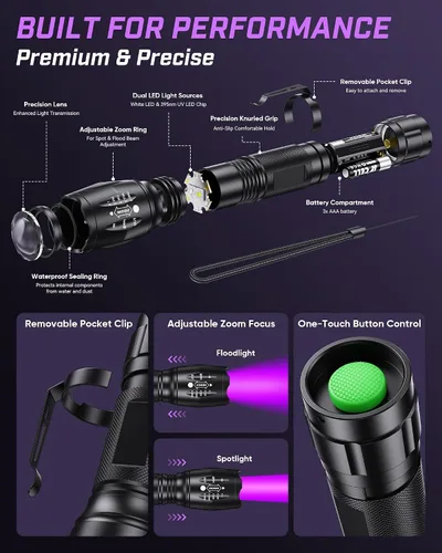 Vista 3 de Evteck MOWETOO - Linterna UV con luz negra de 395 nm y luz blanca Negro