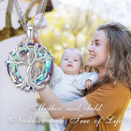 Vista 2 de TOUPOP - Collar de plata de ley con árbol de la vida, madre y 1 niño, 2 niños, 3 niños, collar con dije de árbol genealógico y cristal para el día
