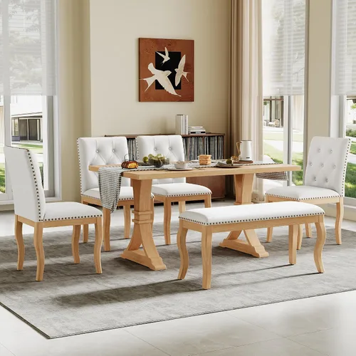 Vista 30 de Juego de mesa retro de comedor de cocina de 7 piezas, mesa extensible de madera maciza de 60 a 78 pulgadas con hojas extraíbles y 6 sillas