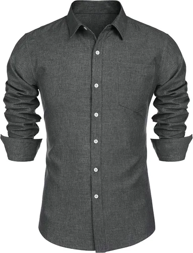 Vista 2 de COOFANDY Camisa casual con botones para hombre, camisa de cambray de lino de manga larga