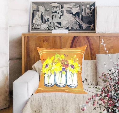 Vista 5 de Juego de 2 fundas de almohada florales otoñales de 18 x 18 pulgadas, fundas de cojín de rayas otoñales de granja, jarrón, fundas de almohada