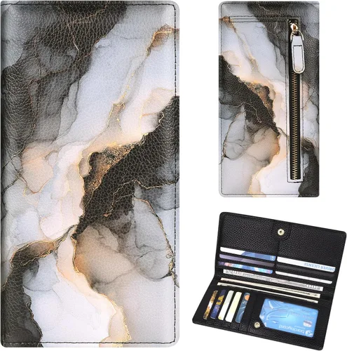 Vista 35 de Billetera para mujer, billetera RFID extradelgada, bolso plegable de cuero, con 11 ranuras para tarjetas y ventana de identificación, lindo monedero