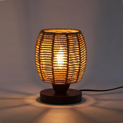 Vista 10 de Lámpara de mesa pequeña de ratán para dormitorio, lámpara de noche bohemia con bombilla LED cálida, lámpara de mesita de noche de mimbre tejida a