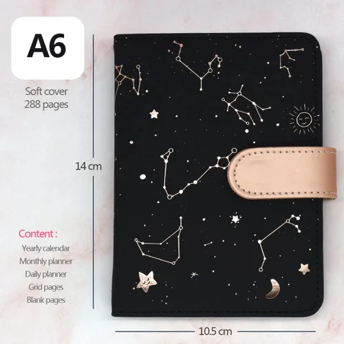 Vista 2 de Agenda diaria A6 sin fecha, diario de cielo estrellado, agenda mensual y diaria, agenda pequeña, fecha de autolenado, cubierta de piel sintética