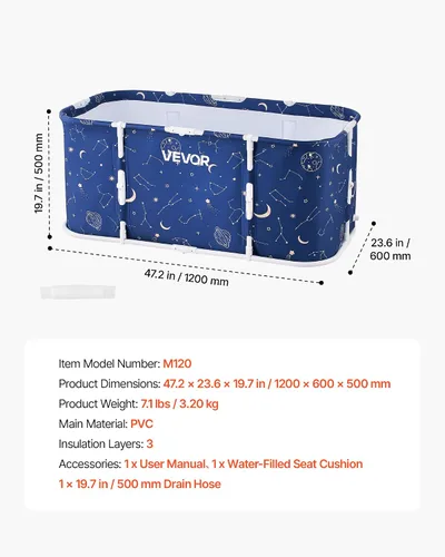 Vista 7 de VEVOR Portable Foldable Bathtub 47.2"x23.6"x19.7" Soaking for Adults Blue