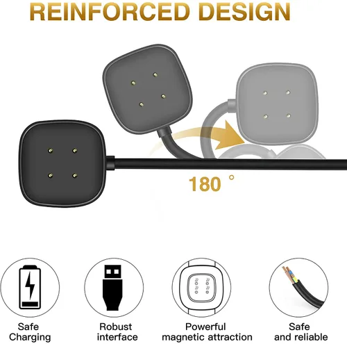 Vista 4 de Cable Cargador Compatible con Reloj Inteligente Fitbit Versa 4 / Sense/Versa 3 / Sense 2, Cable Soporte Base Cuna de Carga USB de Repuesto (3.3 pies)