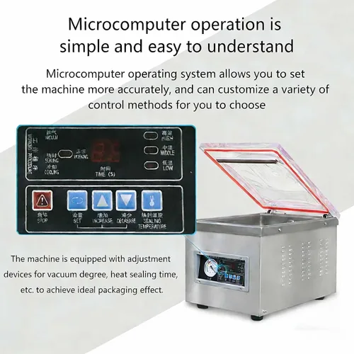 Vista 7 de Sellador al vacío de cámara de acero inoxidable, máquina automática de envasado de alimentos, potente conservador de carne y pescado, envasador al