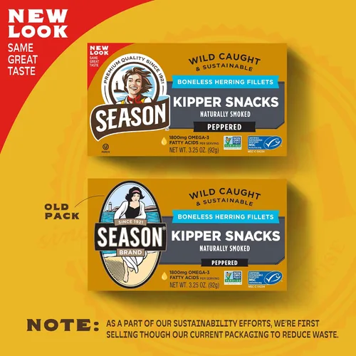 Vista 3 de Season Peppered Kipper Snacks – Filetes de arenque deshuesados, ahumados naturalmente, capturados en la naturaleza, aperitivos keto, sin OMG