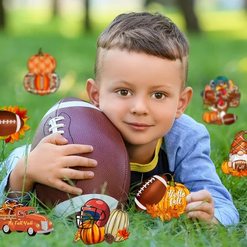 Vista 6 de 24 adornos de fútbol de otoño, suministros de fiesta de puerta de fútbol y otoño, hojas de arce, gnomo, calabaza, adornos de madera con temática