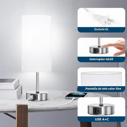 Vista 5 de ROTTOGOON Lámpara de mesa con control táctil de 12.8 pulgadas, lámpara de mesita de noche pequeña regulable de 3 vías con 2 puertos USB, lámparas