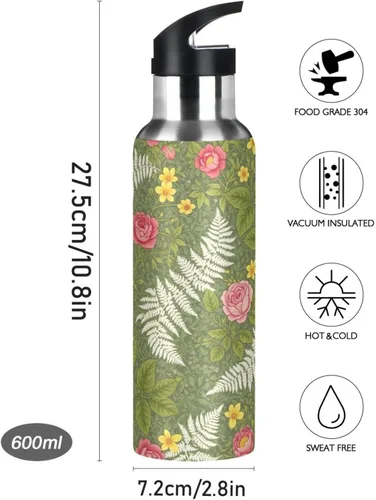 Vista 9 de Vintage Botanical Flowers Green Stainless Steel Vacuum Insulated Water Bottle 20 Oz Leakproof Water Bottles, BPA-Free Sports Water Bottle