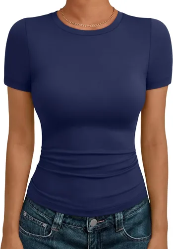 Vista 19 de AUTOMET - Camisetas básicas de manga corta para mujer, para verano, entrenamiento o gimnasio, con cuello redondo, ropa moderna estilo Y2K