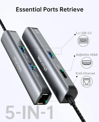 Vista 5 de Adaptador de concentrador USB tipo C 5 en 1. HDMI 4K, Ethernet de 1 Gbps, 3 puertos de datos USB 3.0 de 5 Gbps. Ideal para MacBook Air/Pro, iPad